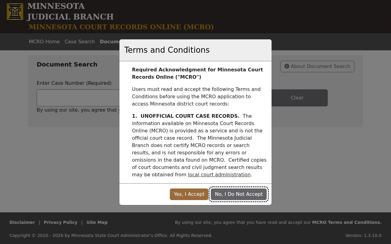 Otter Tail County civil docket MCRO Document Search screen