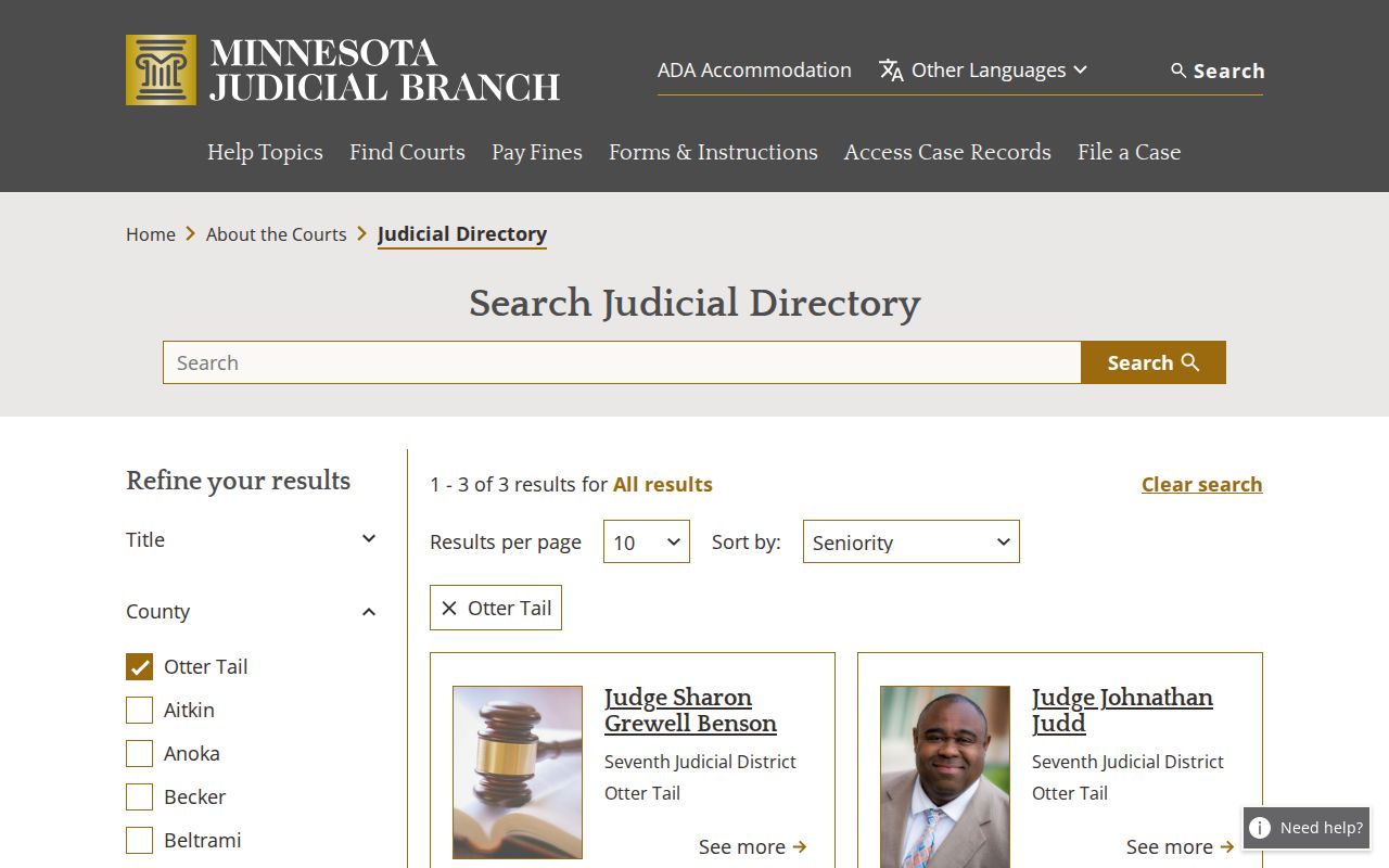 Otter Tail County court calendar judicial directory reference