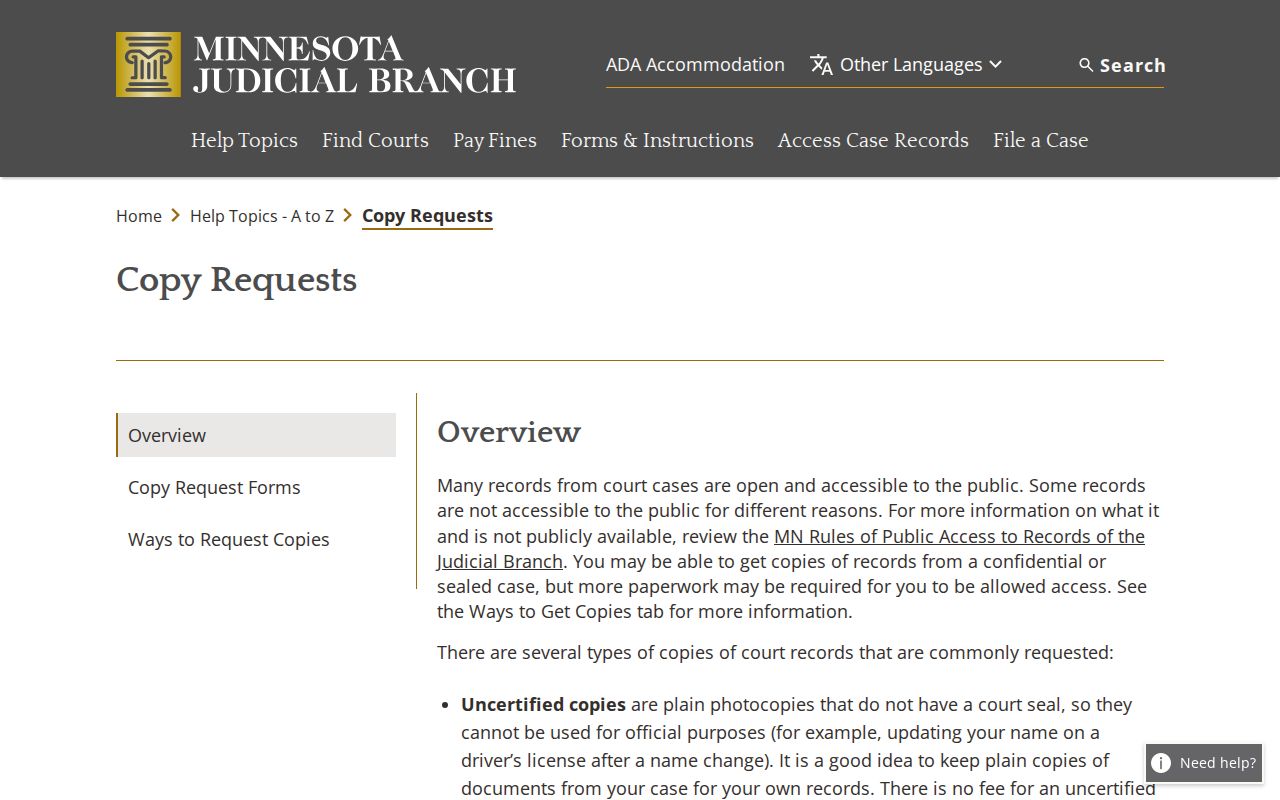 Minnesota Judicial Branch court copy request guidance for plain, certified, and exemplified copies