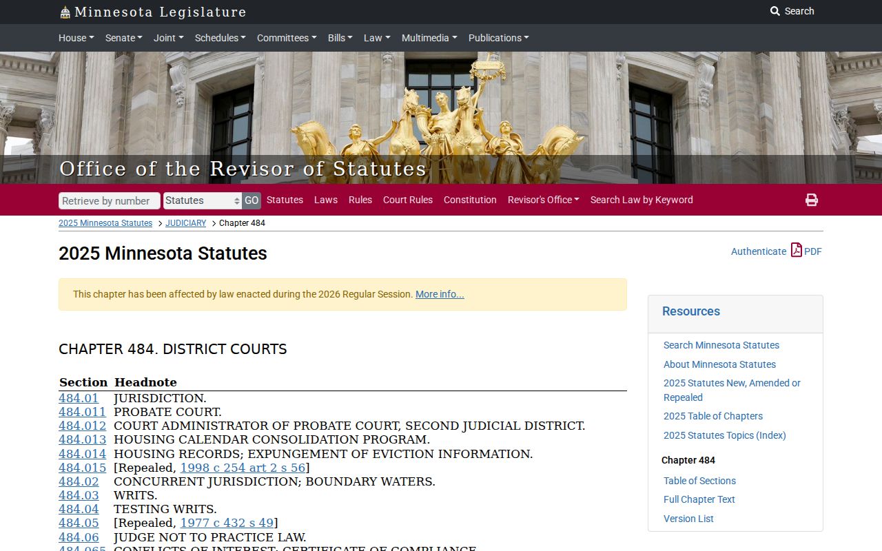Minnesota Legislature district court statute page used as a source for Otter Tail County court records