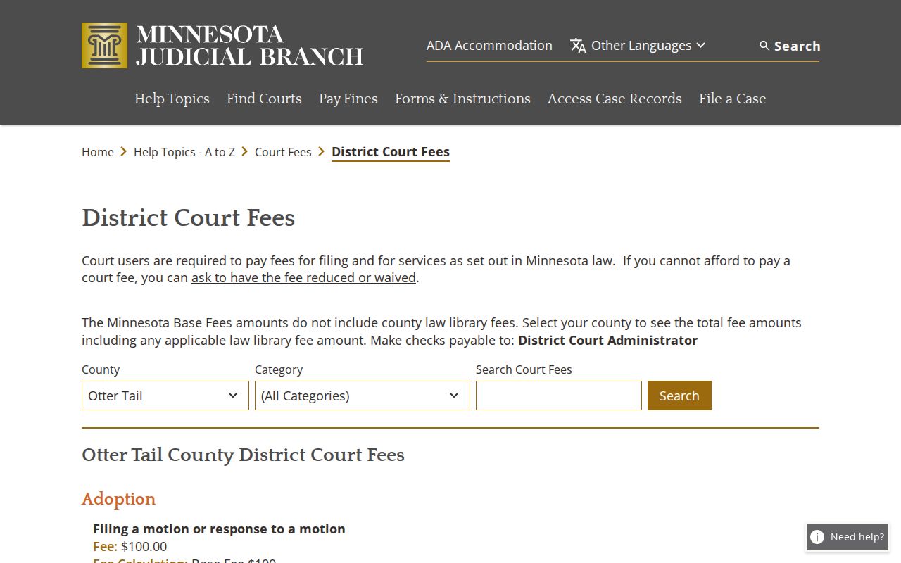 Otter Tail County district court fees page for court-record copy and certification charges