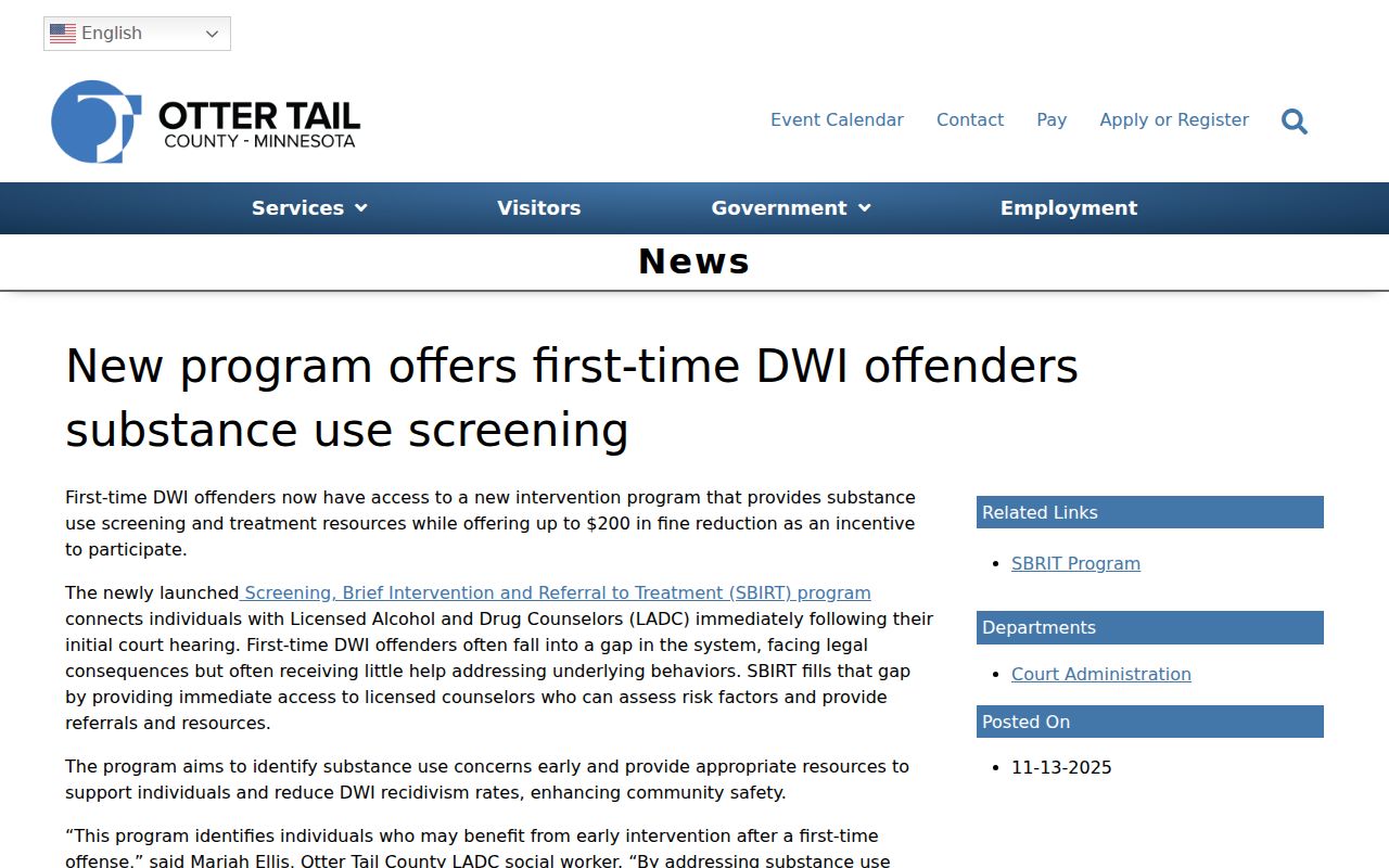 Otter Tail County criminal docket first-time DWI support announcement
