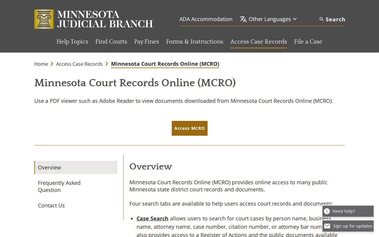 Otter Tail County court docket MCRO access page