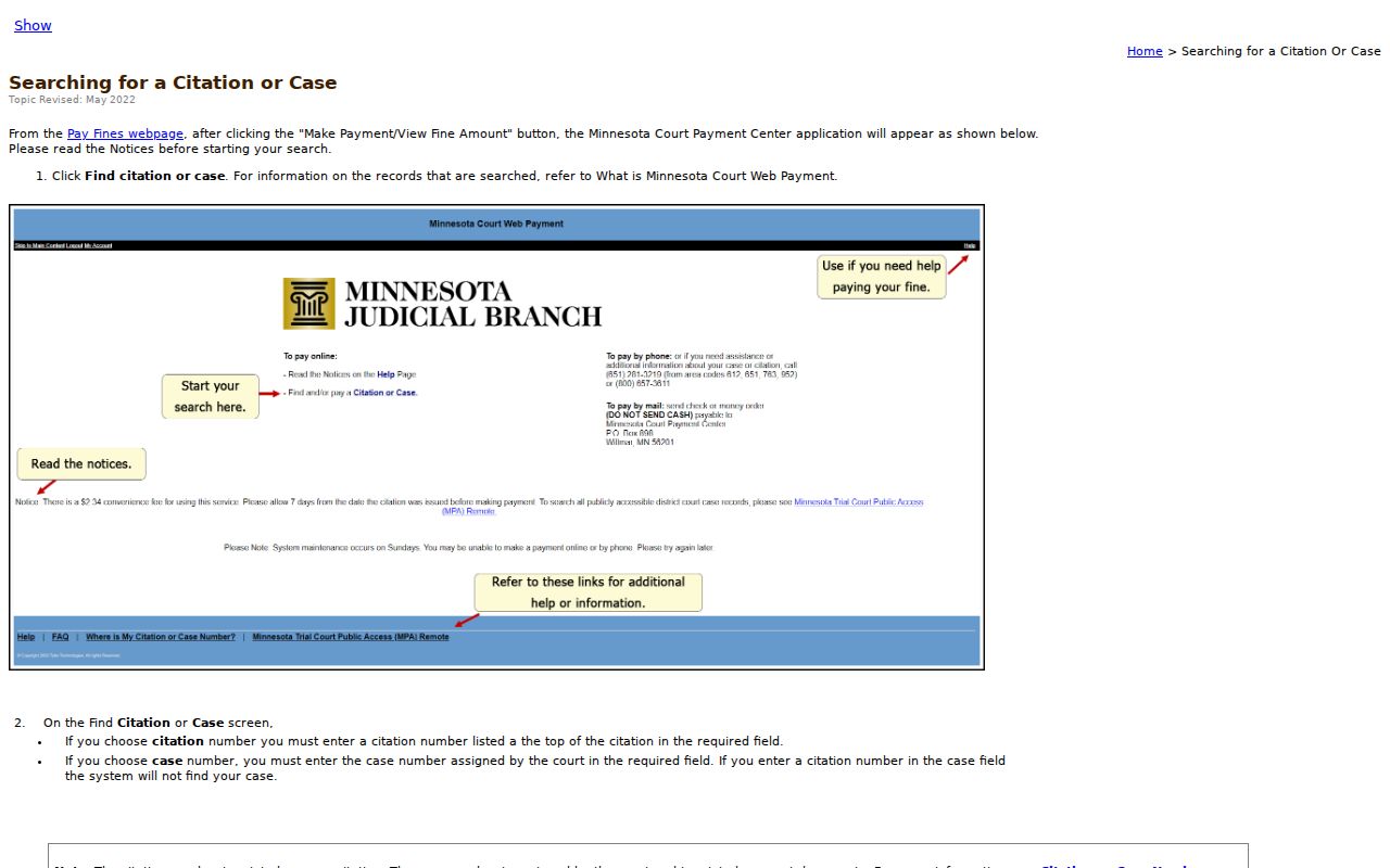 Minnesota Court Payment Center citation search help page