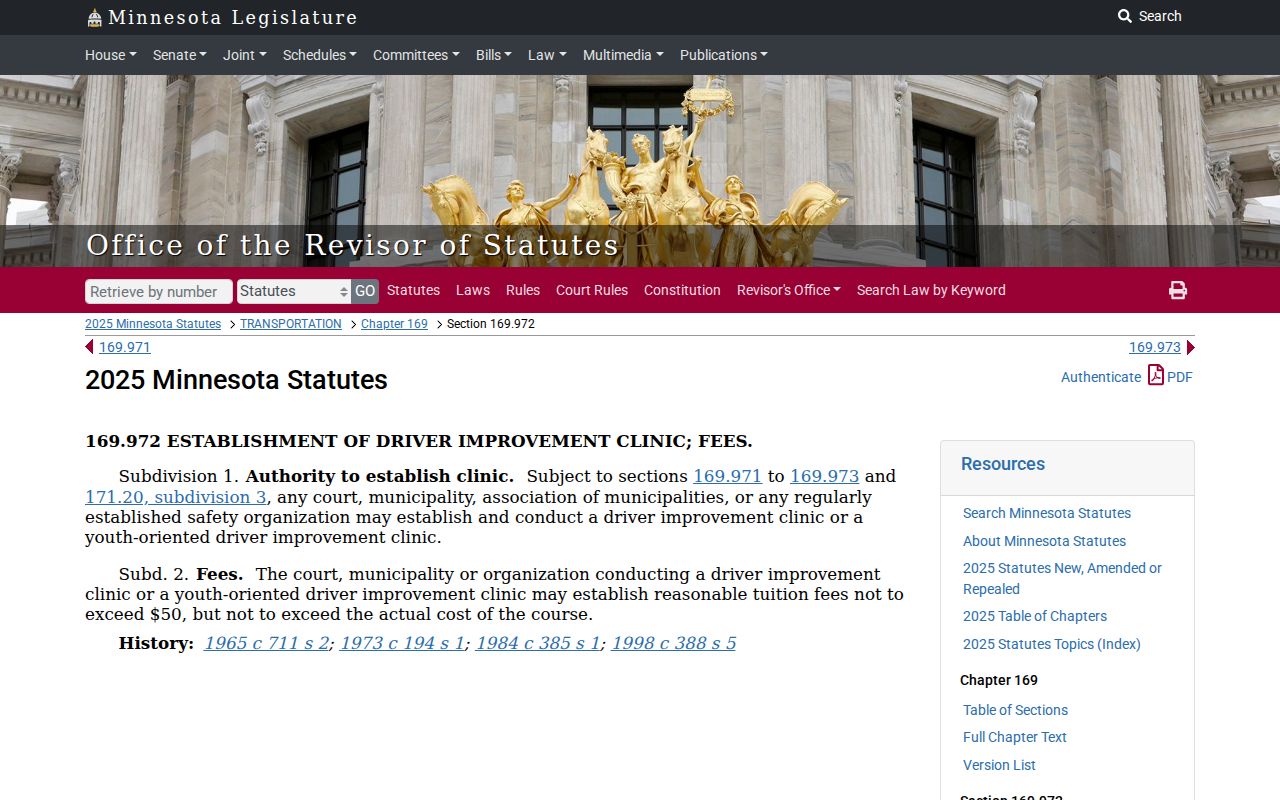 Minnesota driver improvement clinic statute page showing statewide authority