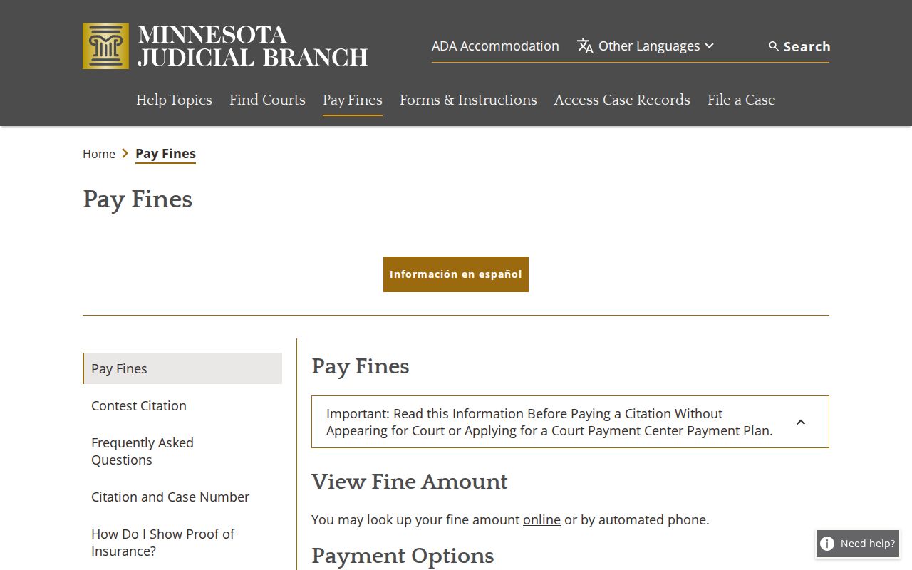 Minnesota Judicial Branch Pay a Fine page for eligible traffic citations