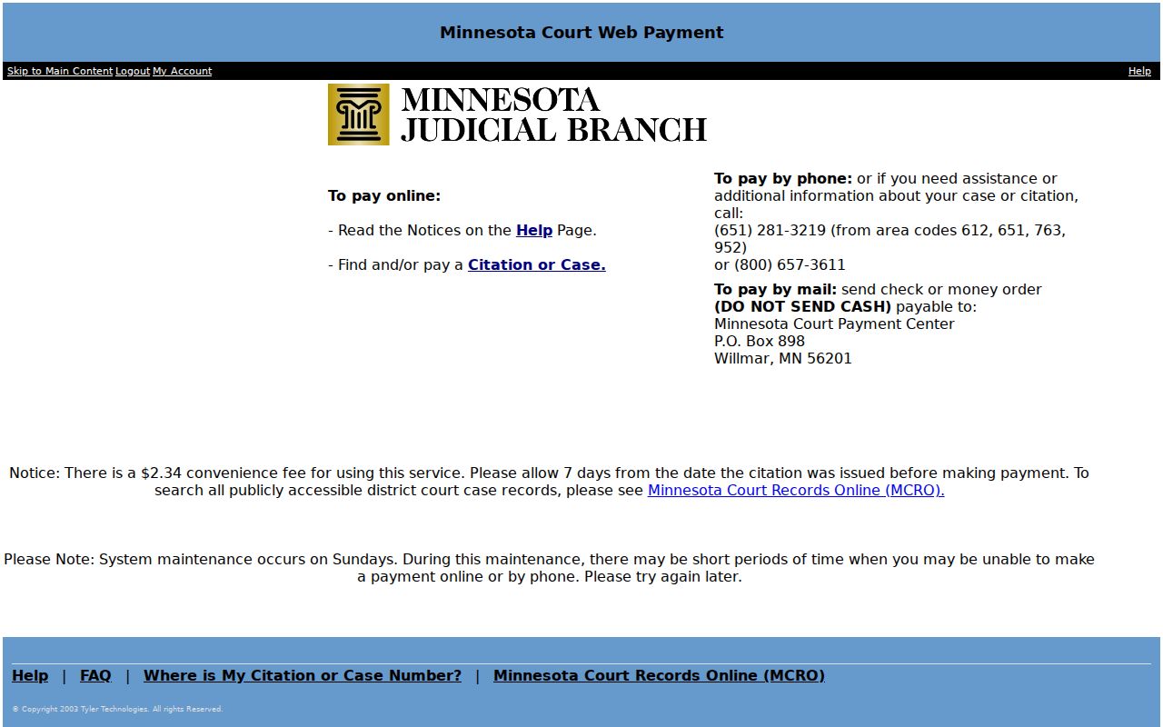 Minnesota Court Payment Center page for citation or case payment search
